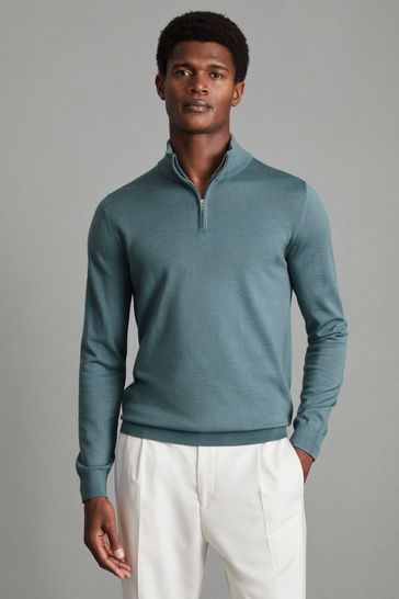 Reiss Ocean Green Blackhall Merino Wool Half Zip Funnel Neck Jumper