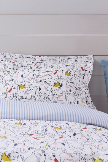 Joules White Linear Dogs Duvet Cover and Pillowcase Set