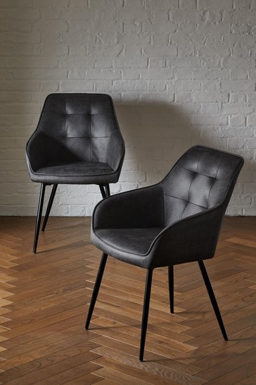 Set Of 2 Cole Arm Dining Chairs, Black Leather Arm Dining Chair