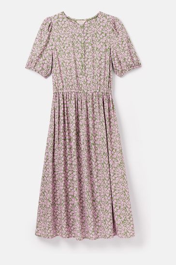 Joules Adele Green & Pink Floral Button Down Midi Dress with Slit