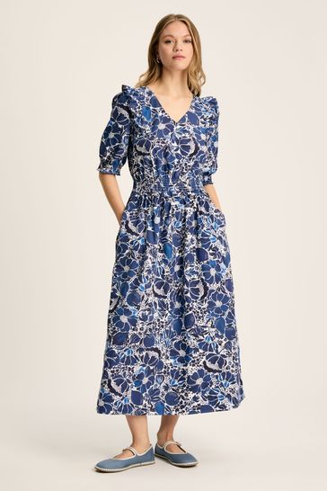 Joules Rosalie Blue & White V-Neck Frill Dress