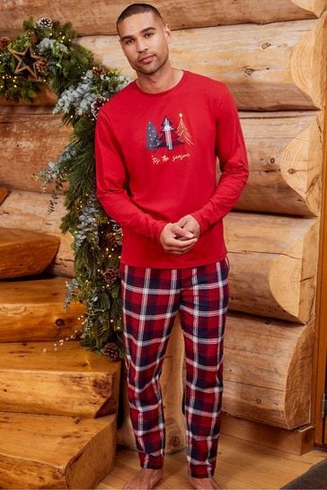Threadbare Red Elf Cotton Long Sleeve Check Christmas Pyjama Set