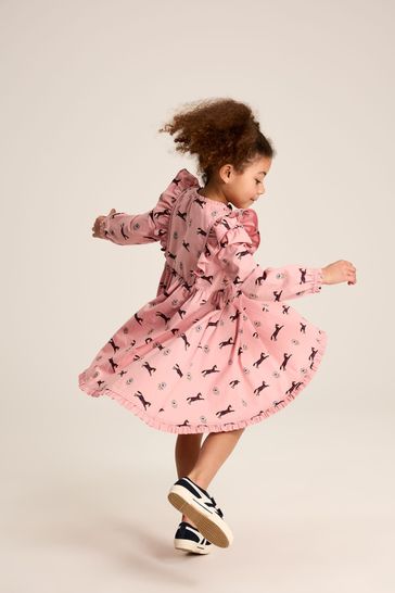 Joules Florence Pink Horse Print Long Sleeve Frilled Dress