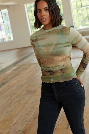 Buy Sage Green Scenic Long Sleeve Mesh Top from Next Estonia