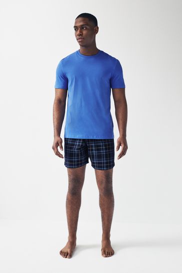 Navy/Blue Check Cotton Pyjamas Shorts Set