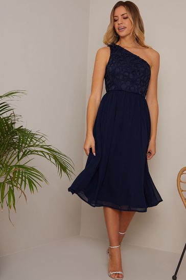 Chi Chi London Blue One Shoulder Premium Lace Chiffon Midi Dress