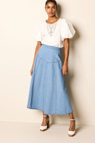 Mid Blue Panelled Denim Maxi Skirt