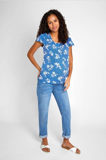 JoJo Maman Bébé Blue Floral Print Wrap Maternity & Nursing T-Shirt