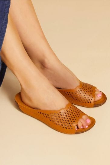 Pavers Perforated Leather Brown Mule Sliders