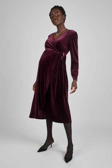 JoJo Maman Bébé Burgundy Red Velvet Maternity & Nursing Wrap Dress