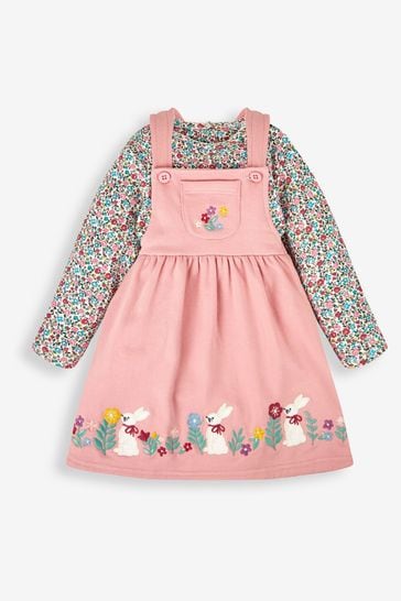 JoJo Maman Bébé Pink Bunny Floral Girls' 2-Piece Appliqué Pinafore Dress & Top Set