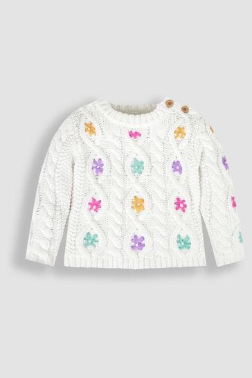 JoJo Maman Bébé Cream Girls' Cable Knit Jumper With Embroidered Flowers