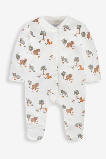 JoJo Maman Bébé Cream Woodland Print Cotton Baby Sleepsuit