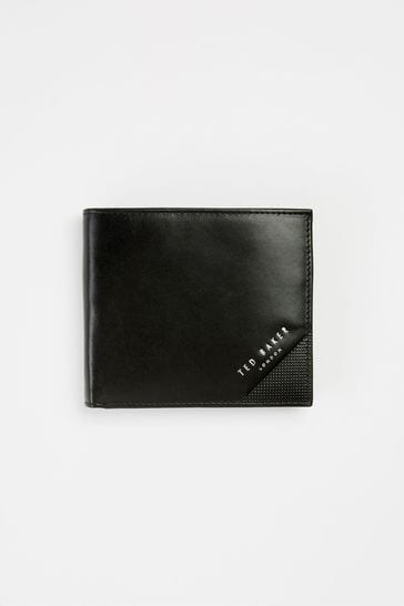 Ted Baker Black Prug Embossed Corner Leather Bifold Wallet With Coin