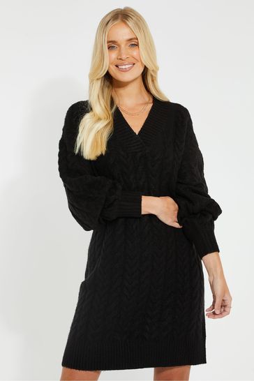 Threadbare Black V-Neck Chunky Cable Knit Jumper Dress