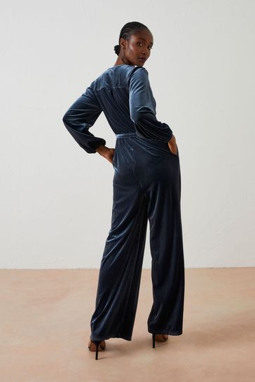 Blue velour jumpsuit sales