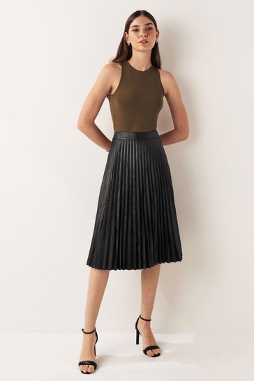 Urban Code Black Faux Leather Midi Pleated Skirt