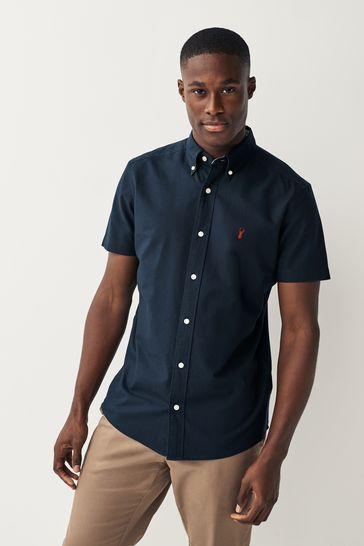 Navy Blue Slim Fit Short Sleeve Oxford Shirt