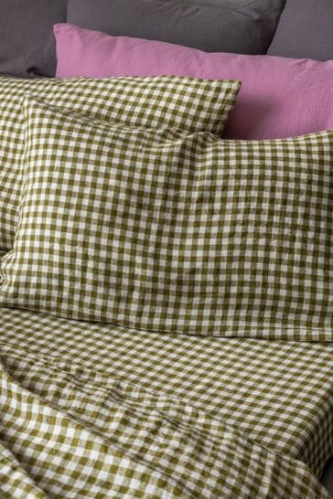 Piglet in Bed Botanical Green Gingham Set of 2 Linen Pillowcases