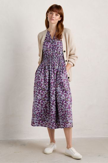 Buy Seasalt Cornwall Purple Fawn Organic Cotton Waisted Midi Dress