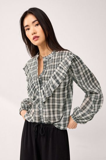 Monochrome Ruffle Check Long Sleeve Blouse