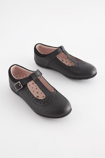 Black Wide Fit (G) Leather T-Bar Leather Shoes