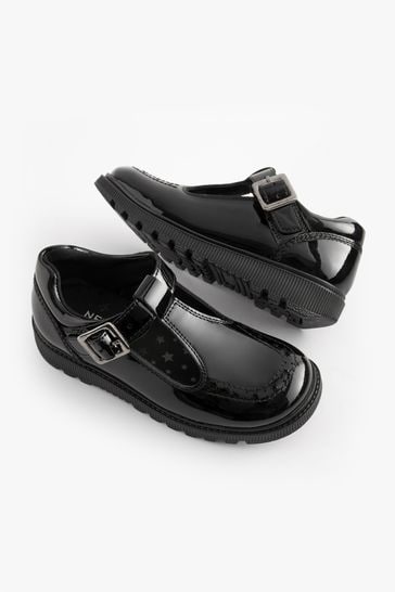 Black Patent School Leather Chunky T Bar Shoes