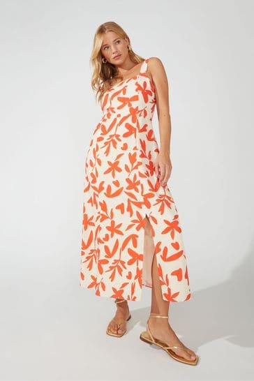 Buy Ro Zo Orange Printed Viscose Linen Strappy Cami Dress from