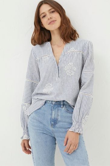 FatFace Blue Poppy Stripe Embroidered Blouse