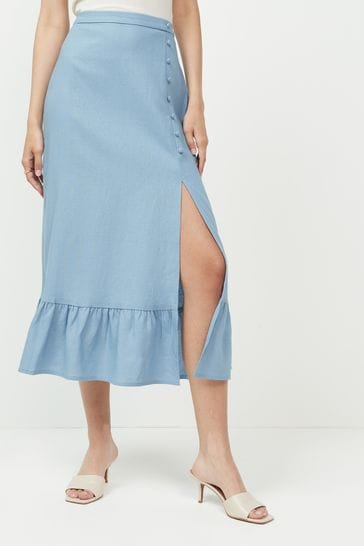 Light Blue Linen Blend Midi Skirt