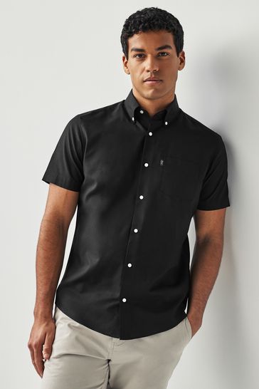 Black Regular Fit Short Sleeve Easy Iron Button Down Oxford Shirt
