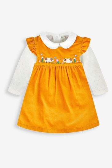 JoJo Maman Bébé Mustard Yellow Guinea Pig Girls' 2-Piece Embroidered Cord Baby Dress & Body Set