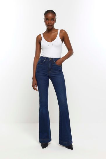 River Island Blue High Rise Flared Jeans