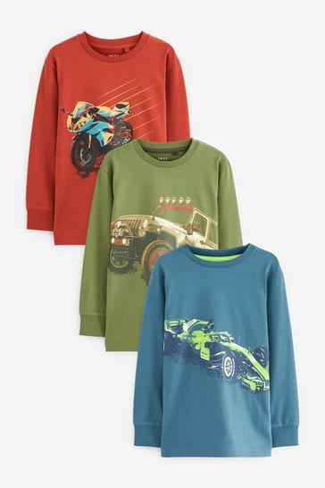 Red Motorbike/Khaki Green/Blue Racing Car Long Sleeve Graphic T-Shirts 3 Pack (3-14yrs)