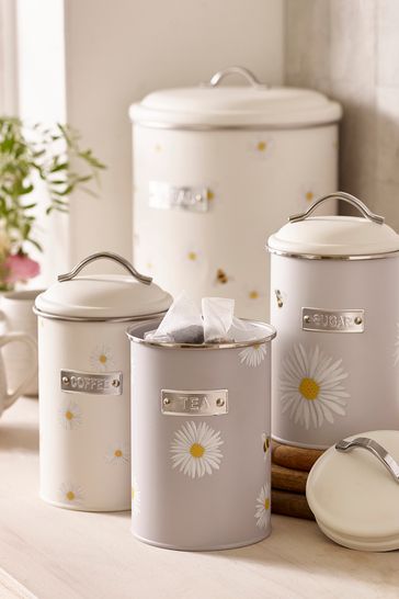 Set of 3 Grey Daisy and Bee Storage Tins