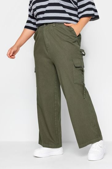 Yours Curve Green Twill Wide Leg Cargo Trousers