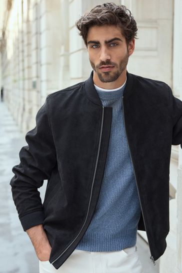 Black Faux Suede Bomber Jacket