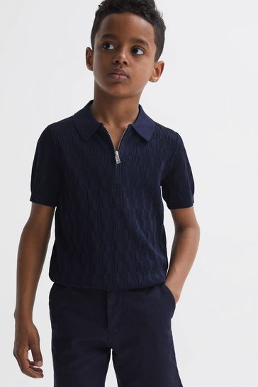 Reiss Navy Ubud Junior Half-Zip Textured Polo T-Shirt