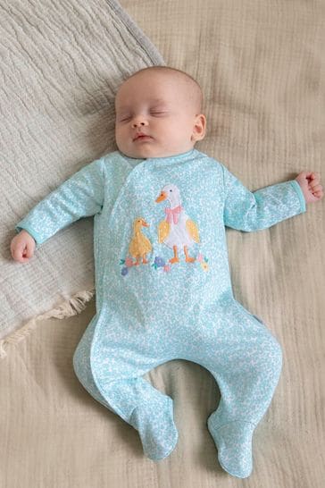JoJo Maman Bébé Blue Duck Appliqué Zip Cotton Baby Sleepsuit