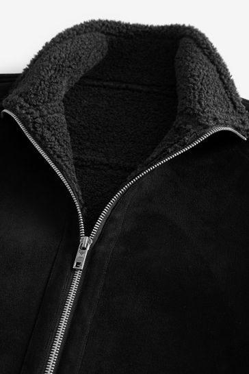 Black Faux Suede Borg Lined Zip Up Funnel Jacket