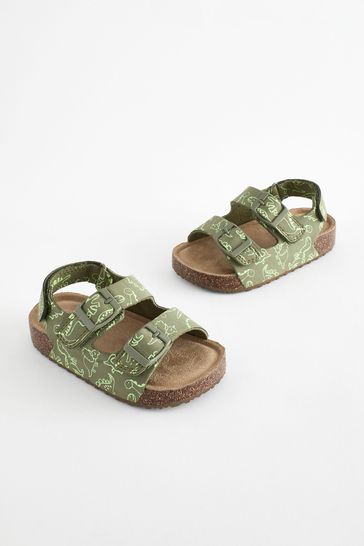 Green Dinosaur Print Standard Fit (F) Double Buckle Cushioned Footbed Sandals
