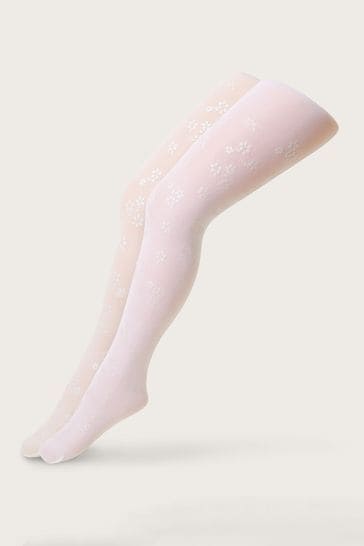 Monsoon White Floral Print Tights 2 Pack