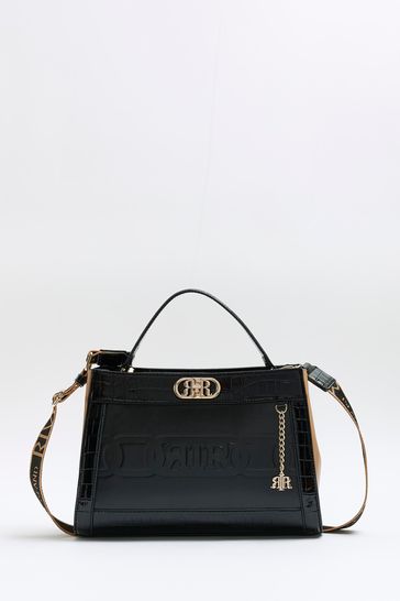 Black croc detail deals lock front tote bag