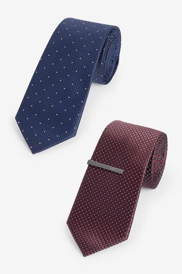 Navy Blue/Rust Brown Polka Dot Textured Tie With Tie Clips 2 Pack