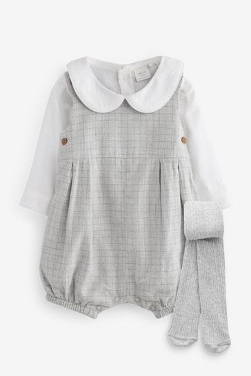 Grey Checked Smart Baby Romper, Bodysuit And Tights 3 Piece Set (0mths-2yrs)