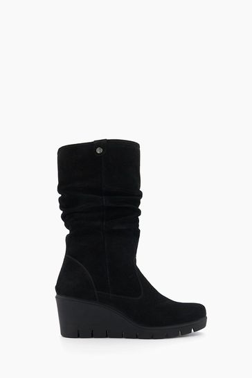 Dune London Black Ruched Tasha Wedge Comfort Boots