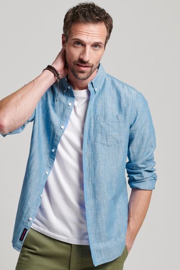 Superdry Blue Organic Cotton Studios Linen Button Down Shirt