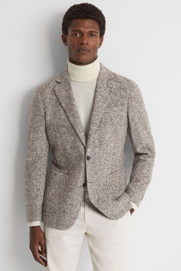 Reiss Grey Feather Slim Fit Wool-Cotton Check Single Breasted Blazer