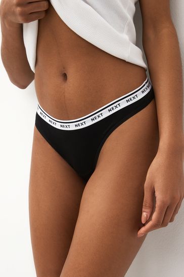 Black/White Printed Thong Cotton Rich Logo Knickers 4 Pack