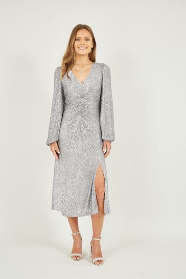 Yumi Silver Sequin Ruched Front Long Sleeve Midi Dress